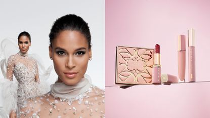 Campaign shot of Cindy Bruna alongside image of the L'Oréal Paris x Elie Saab collection