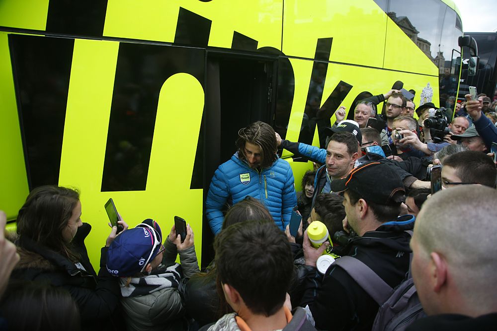 World champion Peter Sagan (Tinkoff) talks to the press outside his team bus at the Paris-Roubaix team presentation