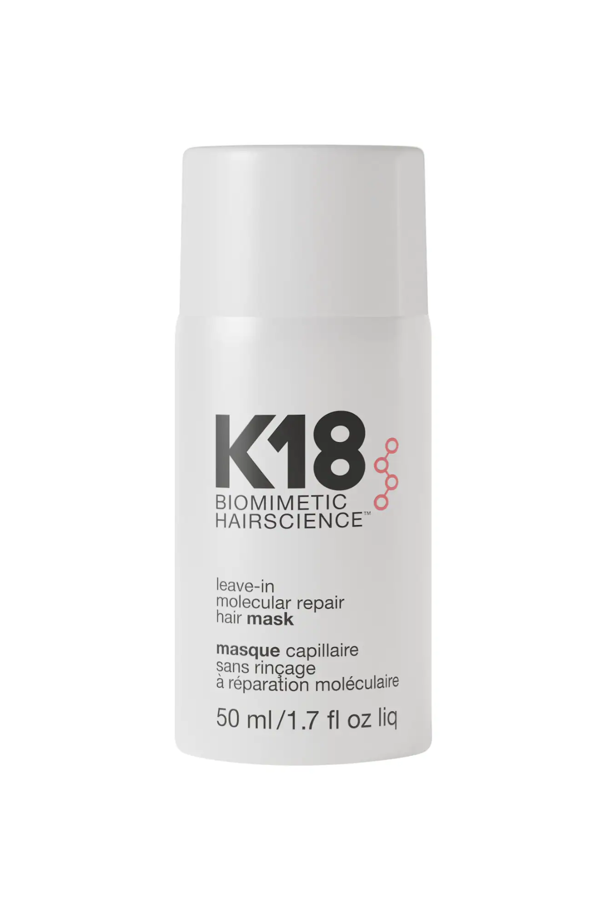 A bottle of K18 Leave-In Molecular Repair Hair Mask.
