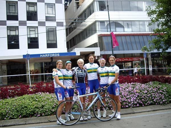 The team poses before the stage in New Zealand.