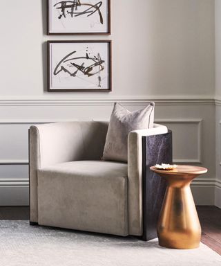beige tub chair in a bedroom