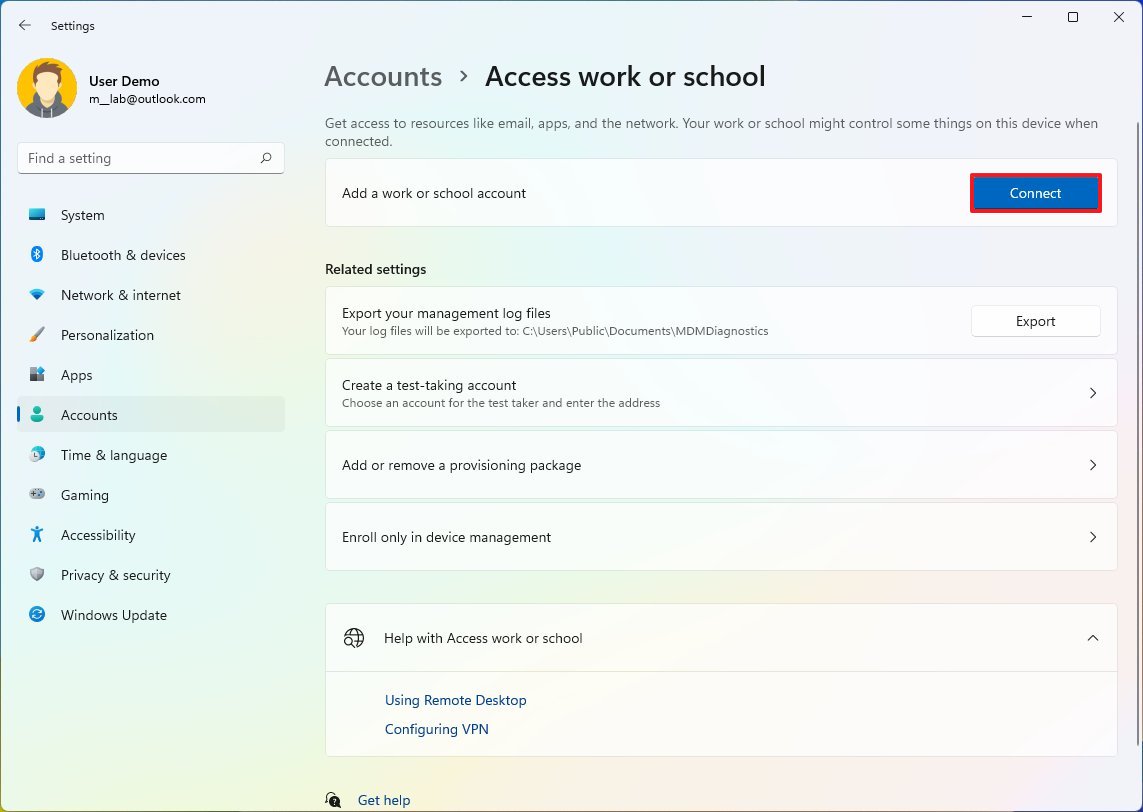 Connect work or school account