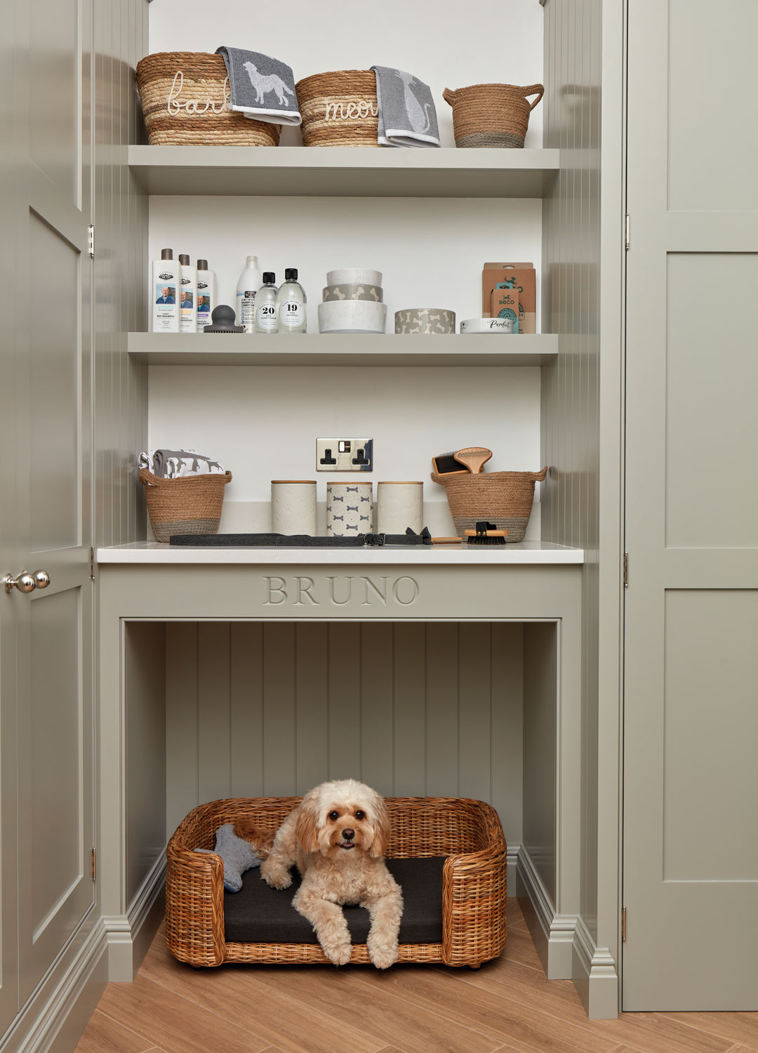 built-in pet storage and dog bed