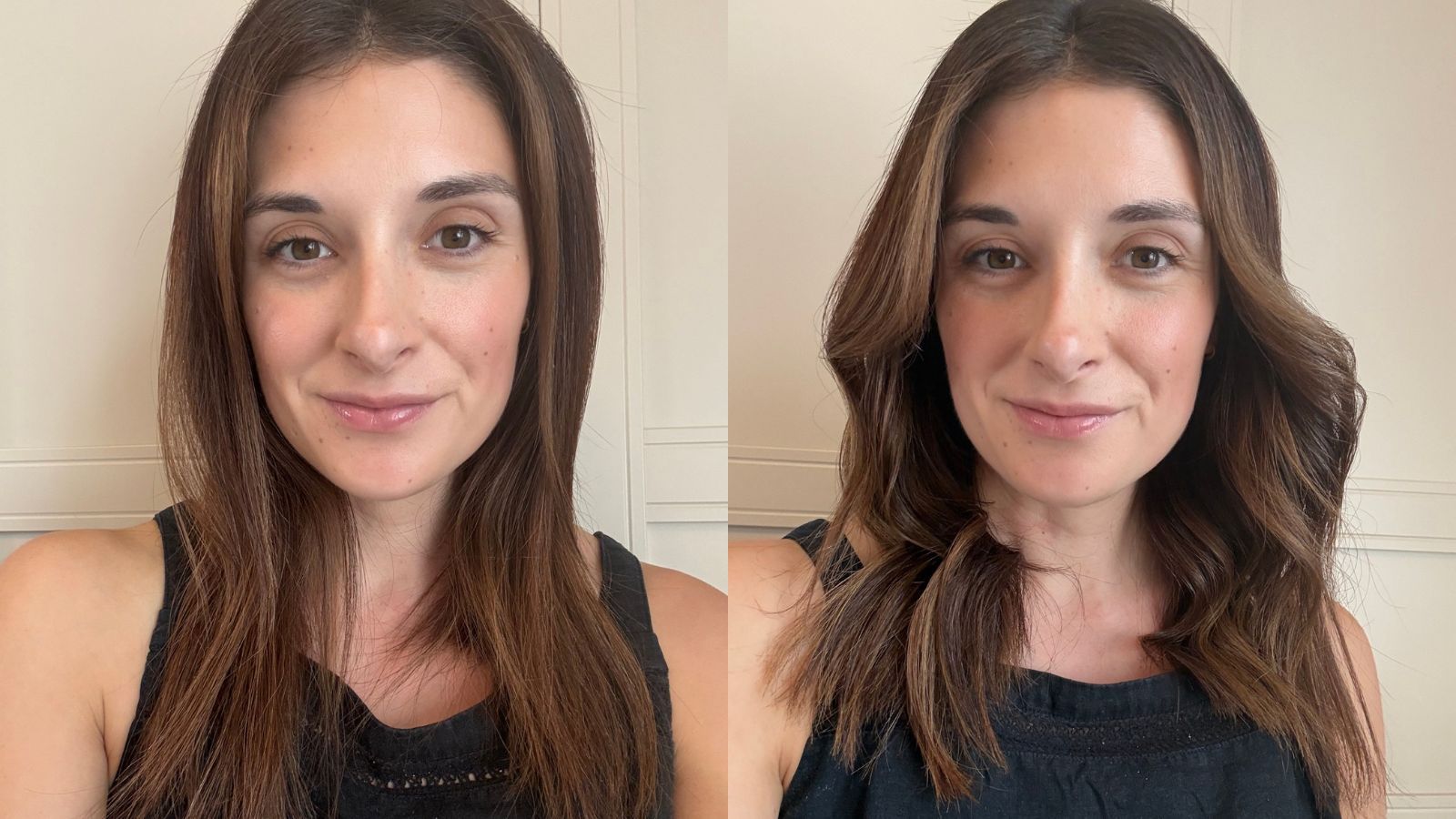 Beauty Editor Jess before and after using Hershesons The Great Iron to create waves