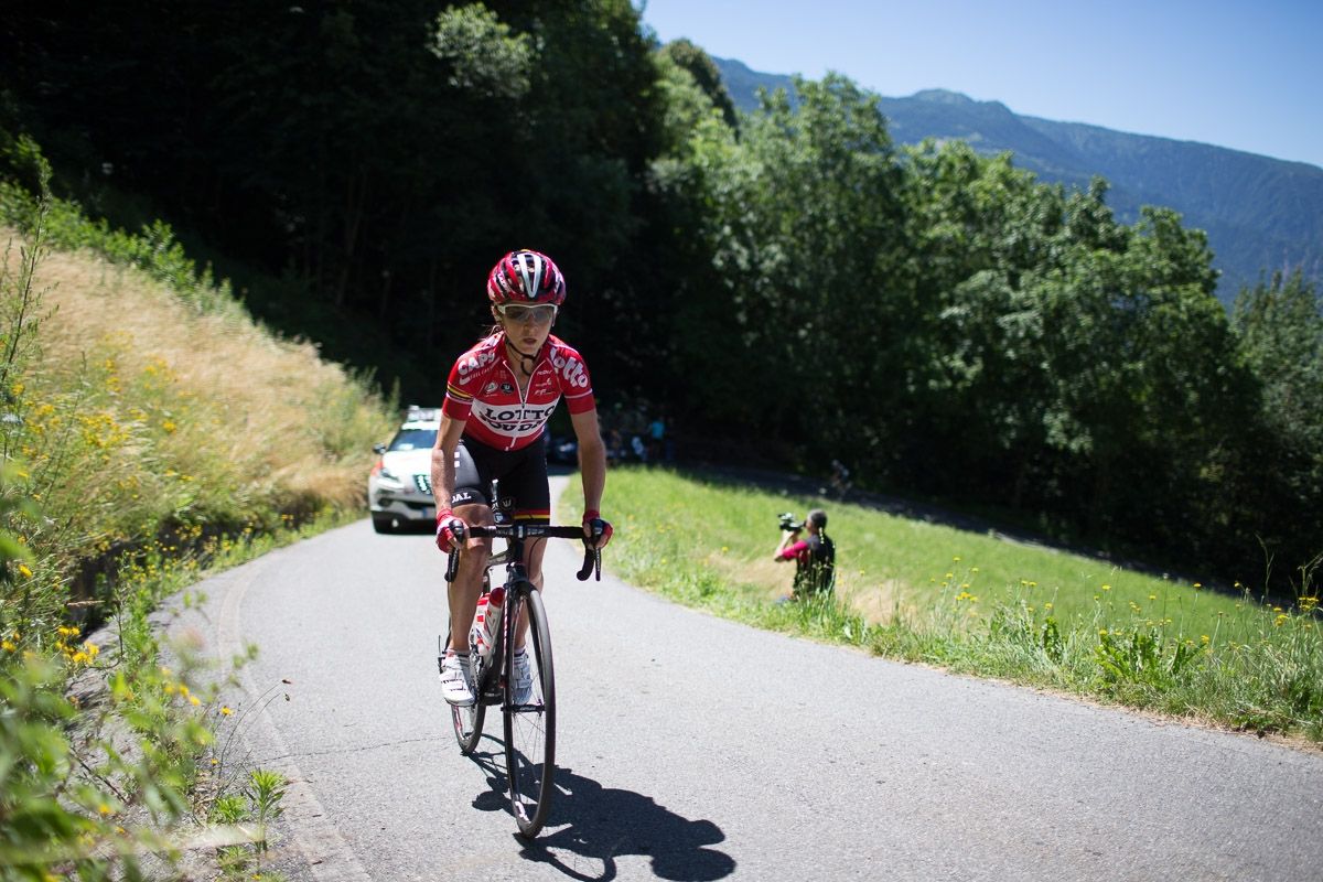 Emma Pooley (Lotto Soudal Ladies) on the Mortirolo