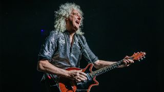  Guitarist Brian May of Queen performs at the "We Will Rock You" musical premiere at Stage Palladium Theater on October 17, 2025 in Stuttgart, Germany. 