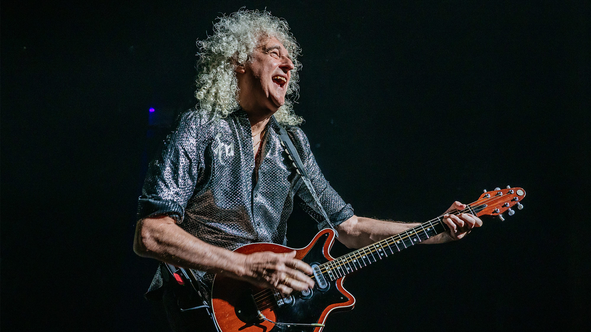  Guitarist Brian May of Queen performs at the "We Will Rock You" musical premiere at Stage Palladium Theater on October 17, 2025 in Stuttgart, Germany. 