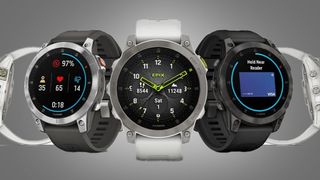 A row of Garmin Epix 2 watches on a grey background