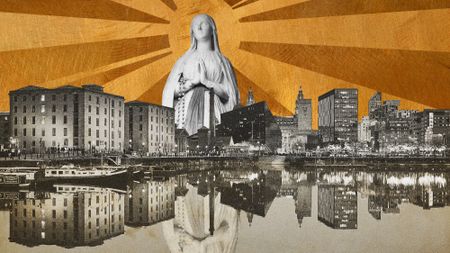 Photo collage of the Madonna of Lourdes sculpture in the Liverpool skyline. Behind her in the sky, there is a golden halo.