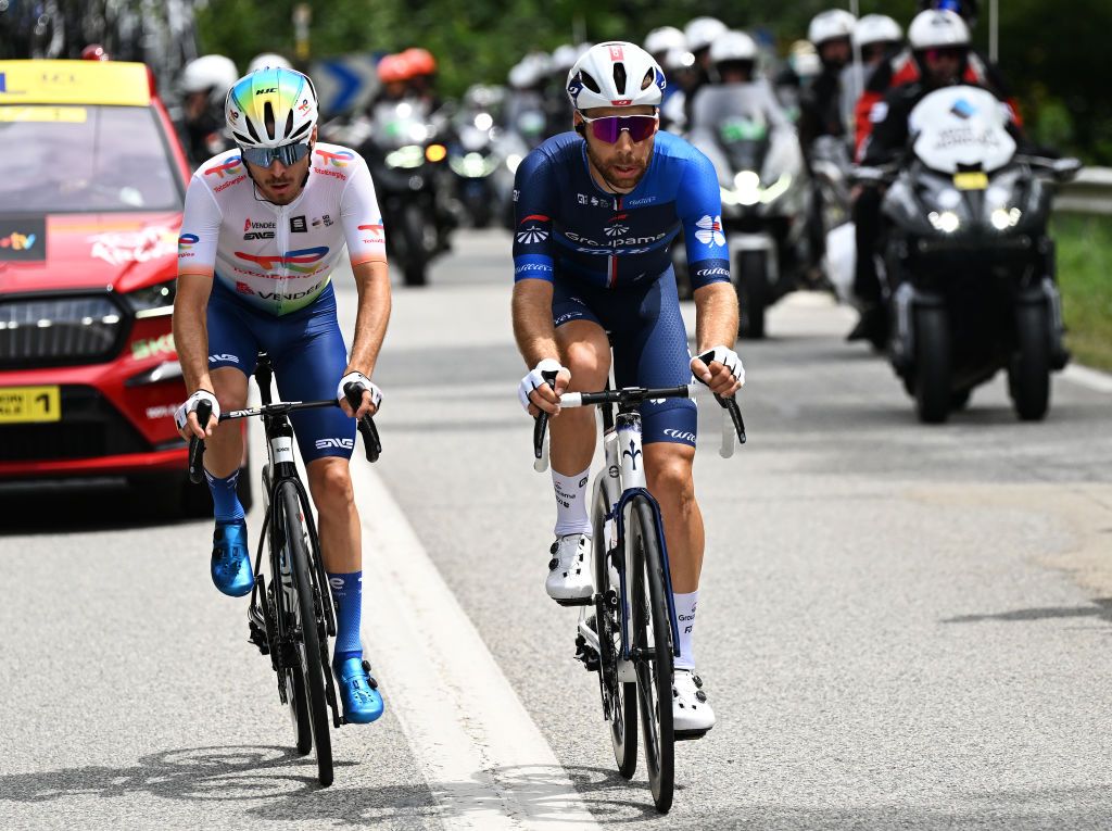 SAINT VULBAS FRANCE JULY 03 LR Matteo Vercher of France and Team TotalEnergies and Clement Russo of France and Team Groupama FDJ compete in the breakaway during the 111th Tour de France 2024 Stage 5 a 1774km stage from SaintJeandeMaurienne to Saint Vulbas UCIWT on July 03 2024 in Saint Vulbas France Photo by Tim de WaeleGetty Images