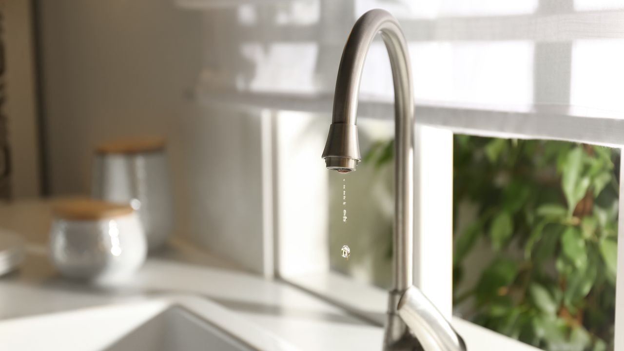 Champange coloured mono tap over sink with dripping water, in front of window