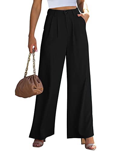 Roskiky Womens Casual High Waisted Palazzo Pant Flowy Wide Leg Trousers Summer Work Pants With Pockets Black