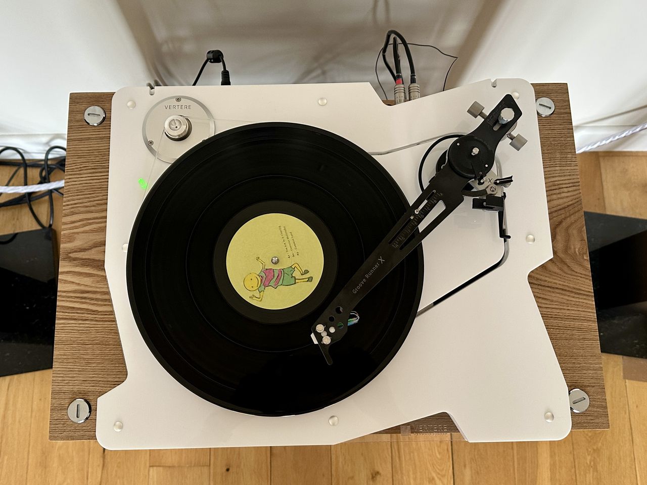 Vertere DG X turntable, in a hi-fi listening room, ready for testing