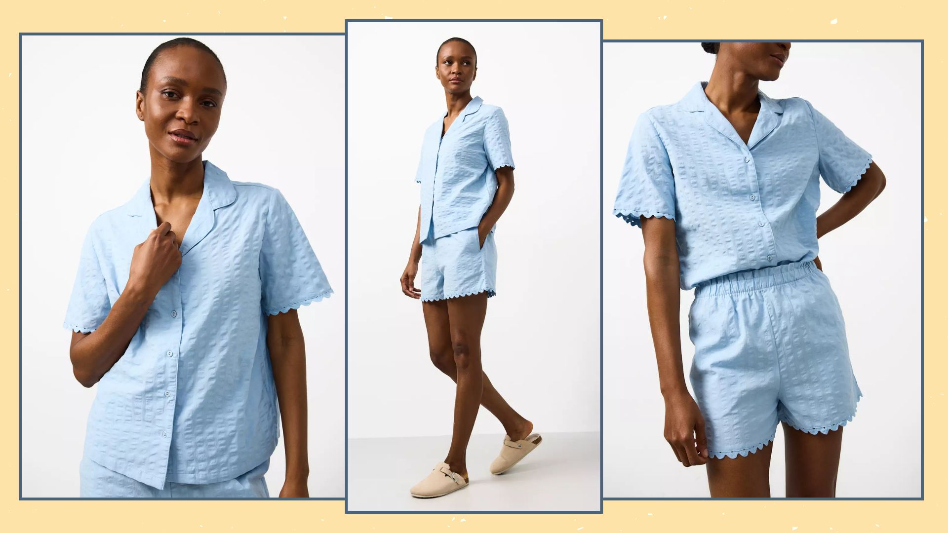 three shots of a model wearing the tu pyjamas