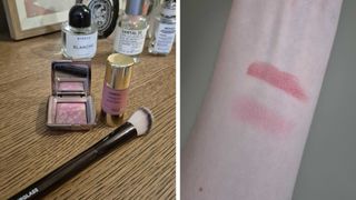 On the left, a close-up picture of the Hourglass Unreal Liquid blush, the Hourglass Ambient Lighting blush and No.15 blush brush, pictured on a dresser with perfume bottles in the background, (taken by Digital Beauty Writer Naomi). And on the right, a close-up of Naomi's arm with swatches of both blushes, in front of a dark green backdrop