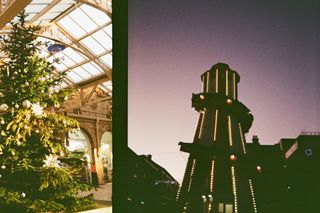 Two photos of a Christmas tree and lit up building taken on a Kodak Ektar H35 Half Frame film camera