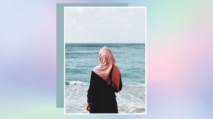 rear shot of woman wearing head covering in front of water on a pastel background