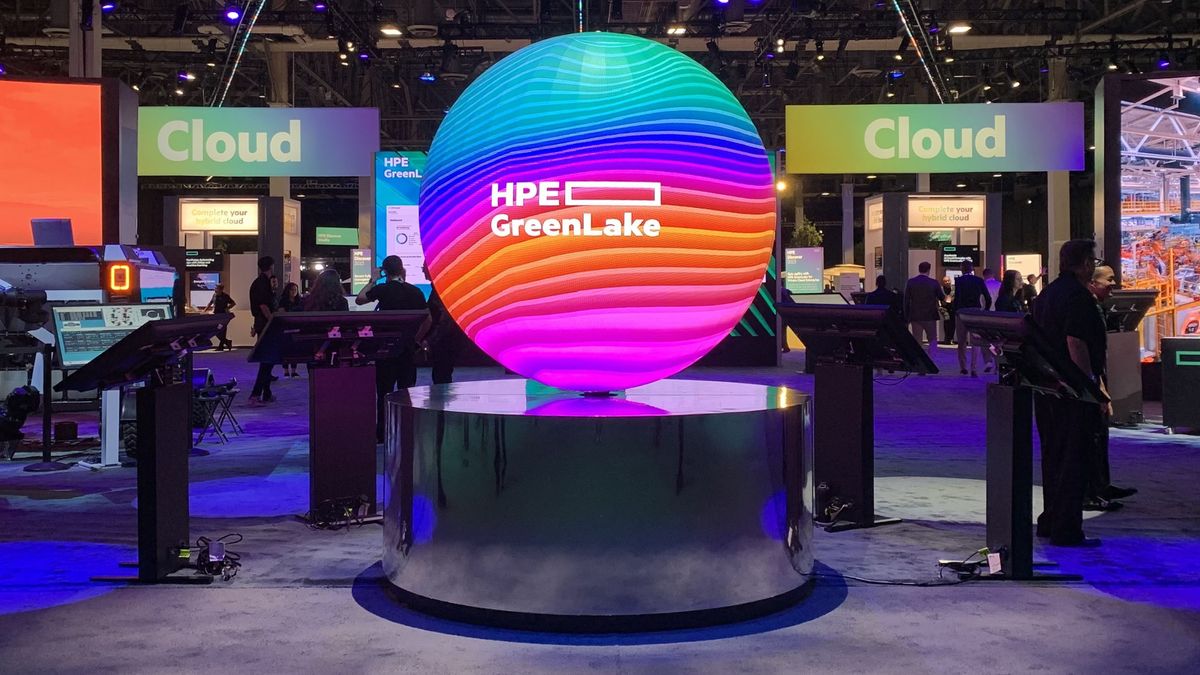 A multicolor sphere displaying the words &#039;HPE GreenLake&#039; on the show floor at HPE Discover 2023