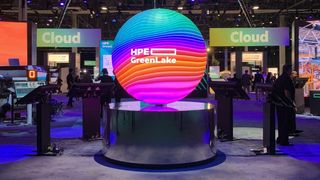 A multicolor sphere displaying the words 'HPE GreenLake' on the show floor at HPE Discover 2023