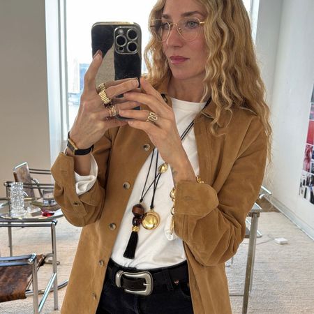 Olympia Gayot in a J.Crew suede shirt and jeans