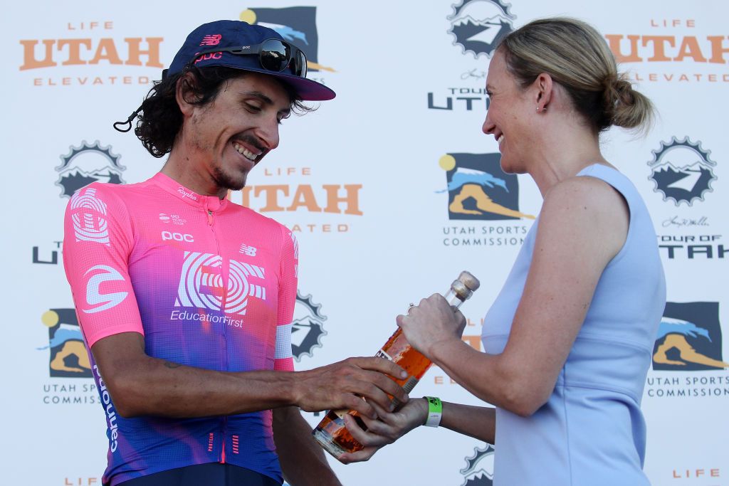 Lachlan Morton on the podium after winning stage 5 at the Tour of Utah