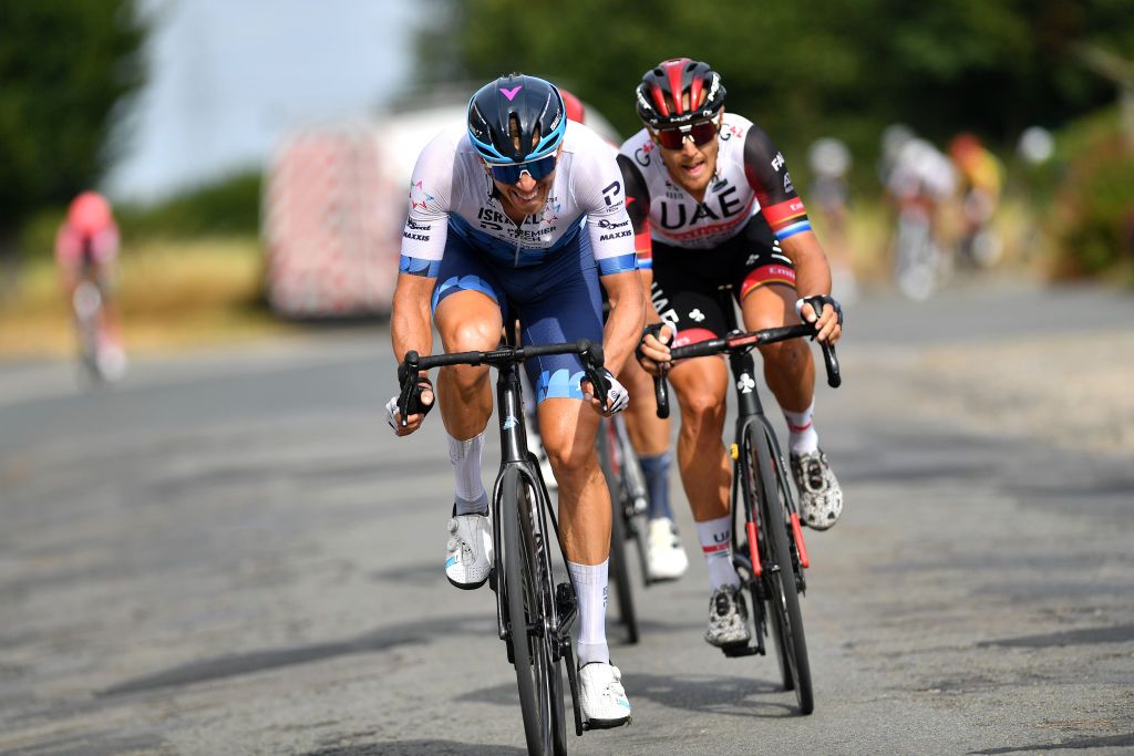 CHAPELLELEZHERLAIMONT BELGIUM JULY 27 LR Sep Vanmarcke of Belgium and Team Israel Premier Tech and Matteo Trentin of Italy and UAE Team Emirates compete in the breakaway during the 43rd Ethias Tour de Wallonie 2022 Stage 5 a 2148km stage from Le Roeulx to ChapellelezHerlaimont ethiastourdewallonie22 on July 27 2022 in ChapellelezHerlaimont Belgium Photo by Luc ClaessenGetty Images