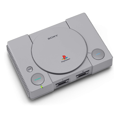 the best retro games; 90s gray PlayStation on a white background