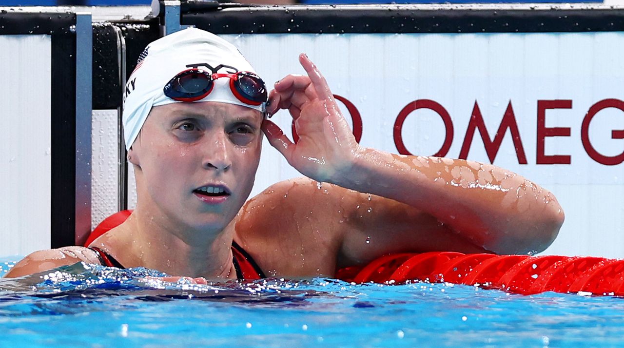 Katie Ledecky of Team United States reacts after competing in the Women’s 1500m Freestyle Heats on day four of the Olympic Games Paris 2024 at Paris La Defense Arena on July 30, 2024 in Nanterre, France. 