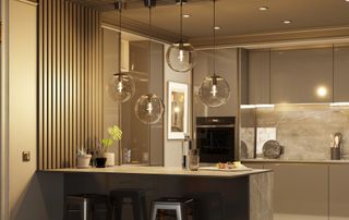 kitchen with island and worktops finished with grey soapstone effect surface