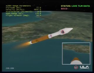 Telemetry of the March 22 launch, broadcast on NASA TV, shows booster engine cutoff, or BECO, at T+250 seconds, 5 seconds earlier than planned. While the graphic shows the engine firing, the acceleration displayed in the upper-left corner is 0, confirming the engine has shut down.