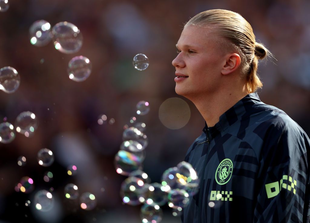 Erling Haaland of Manchester City enters the pitch before the Premier League match between West Ham United and Manchester City at London Stadium on August 07, 2022 in London, England.