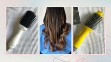 Bondi Boost and Drybar hot brushes next to an image of Aleesha Badkar's hair waved with Dyson Airwrap on a pastel background