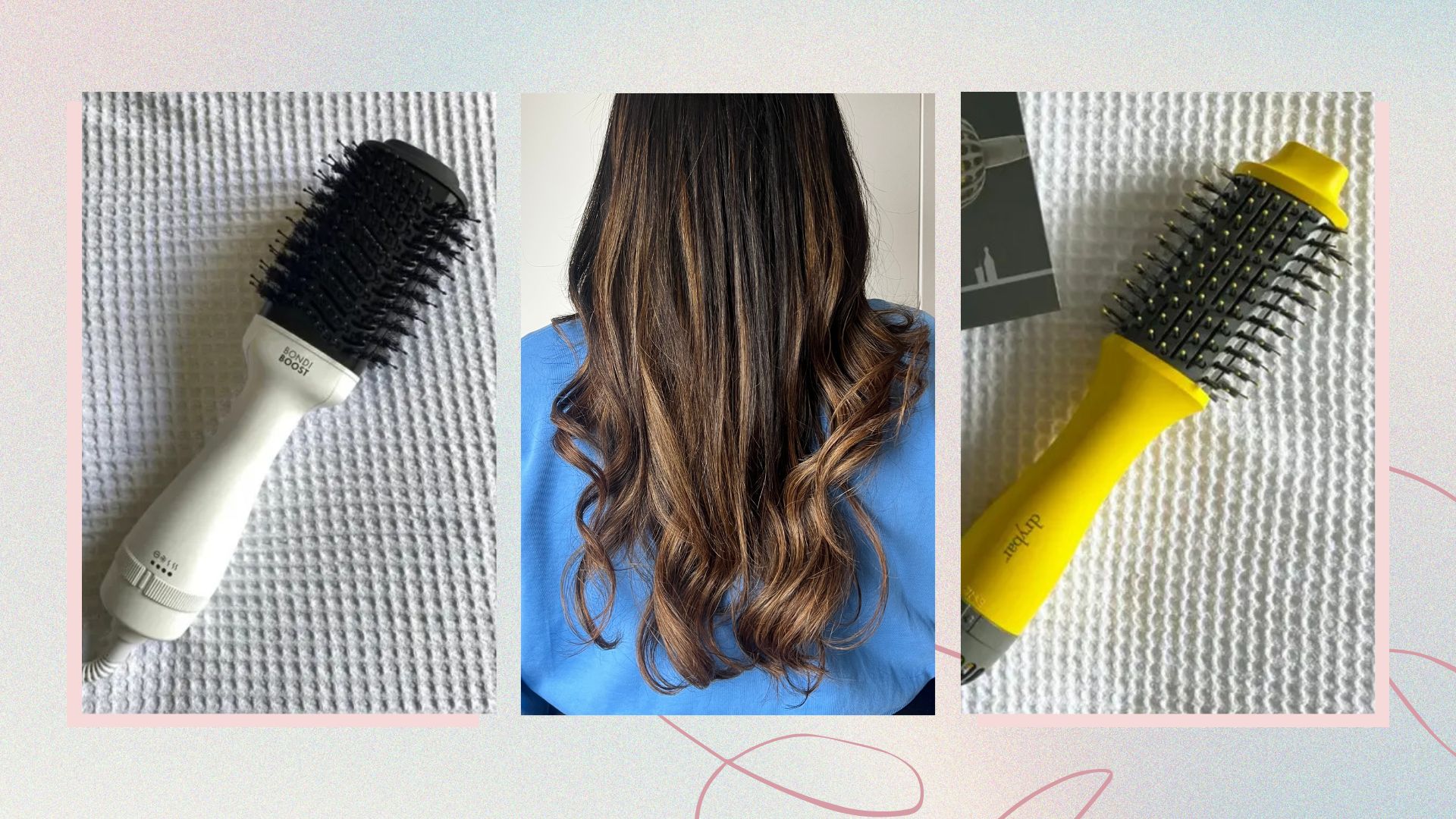 Bondi Boost and Drybar hot brushes next to an image of Aleesha Badkar's hair waved with Dyson Airwrap on a pastel background