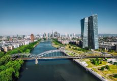 Aerial view of Frankfurt with EZB tower under blue sky