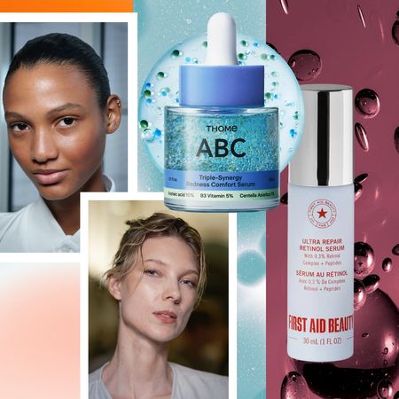 collage of red blue purple bubbles with girls with good skin and two skincare products that have azelaic acid and retinol