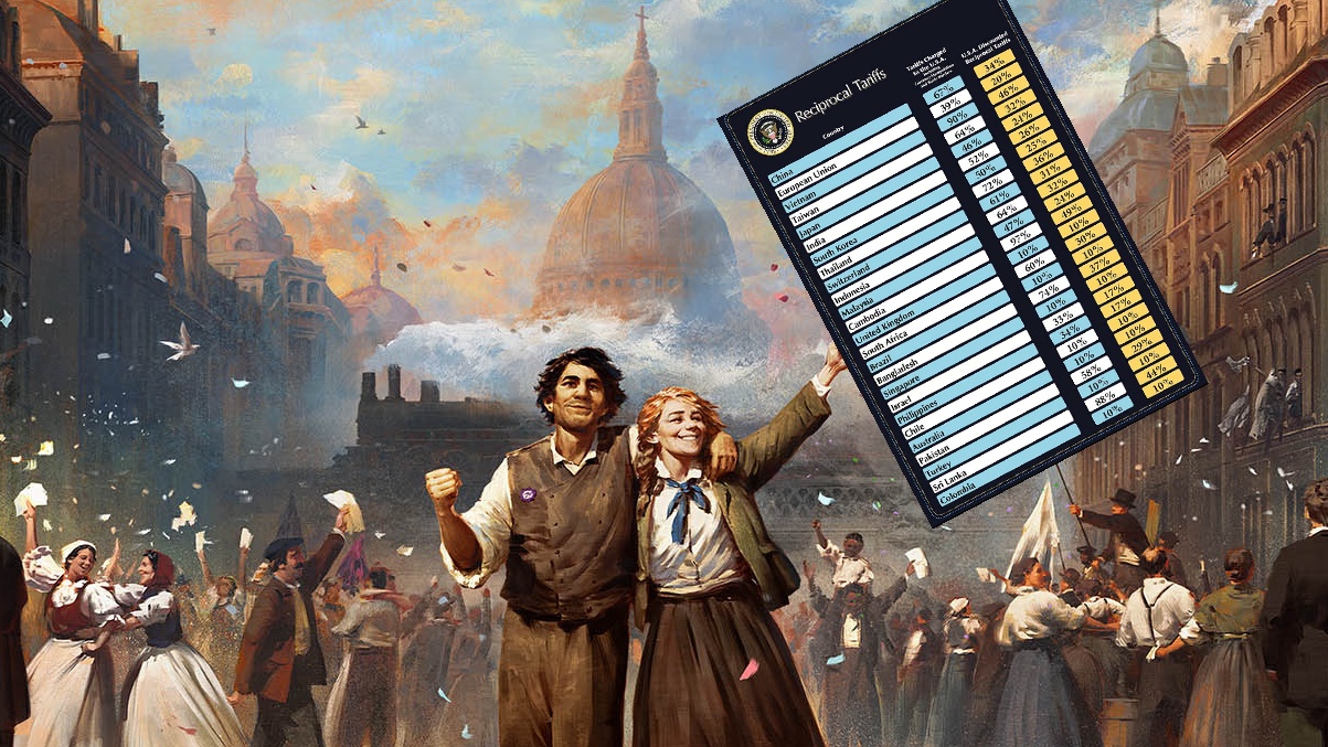 A woman wields a poorly photoshopped board showing Trump&#039;s reciprocal tariffs in art for Victoria 3.
