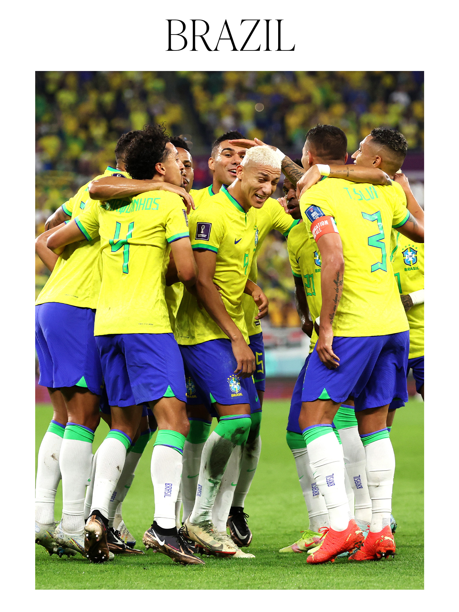 Richarlison of Brazil celebrates with teammates after scoring the team's third goal during the FIFA World Cup Qatar 2022 Round of 16 match between Brazil and South Korea at Stadium 974 in Qatar.