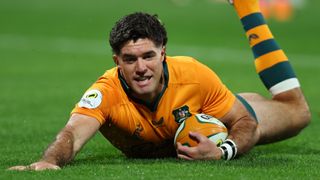Ben Donaldson of the Wallabies scores a try during the Nations Championship match between Australia Wallabies and Italy at HBF Park on July 18, 2026 in Perth, Australia