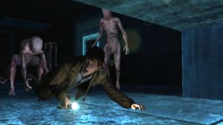 Harry is grabbed by pursuers while trying to escape an icy environment in Silent Hill: Shattered Memories