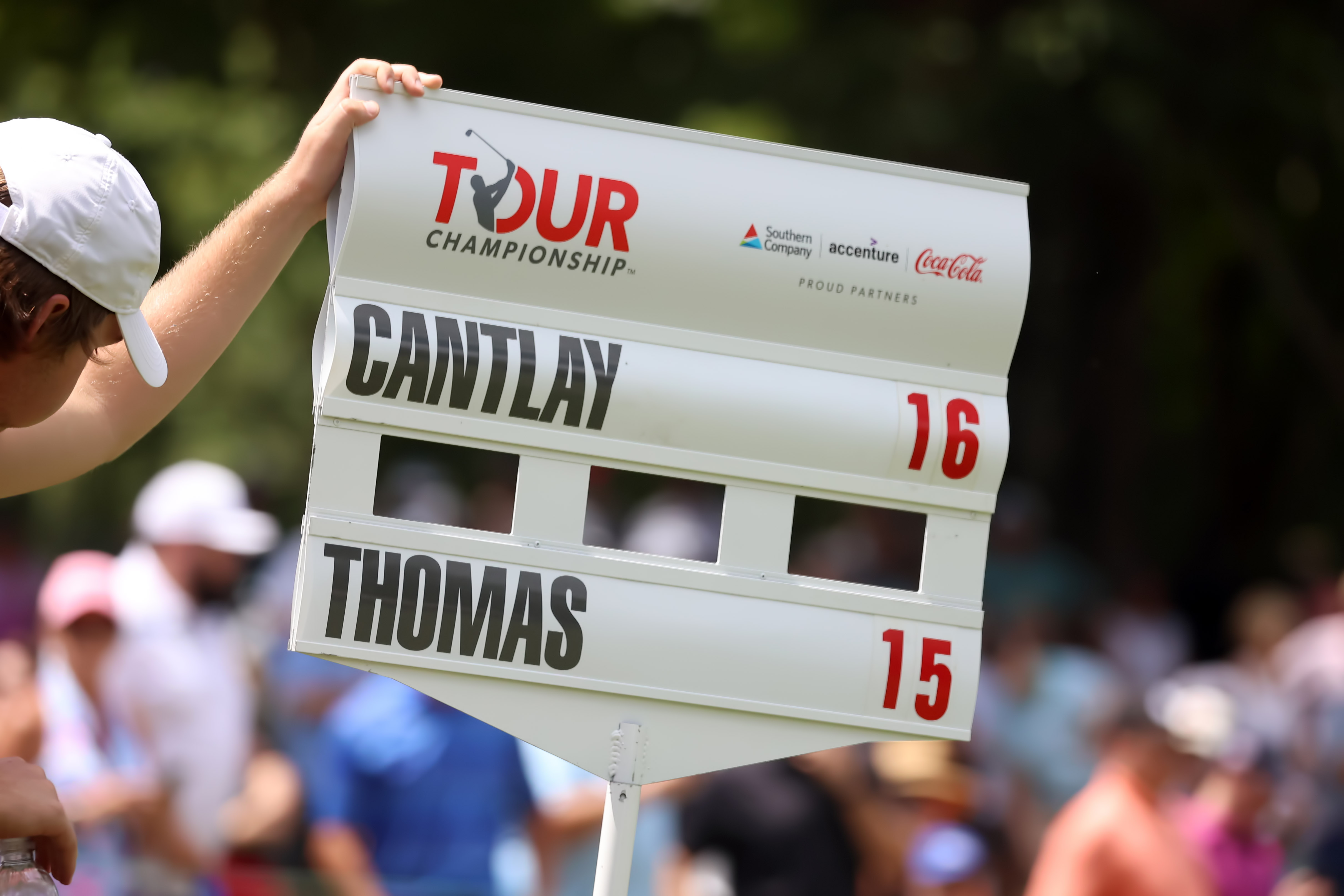A general view of a scoreboard at the Tour Championship