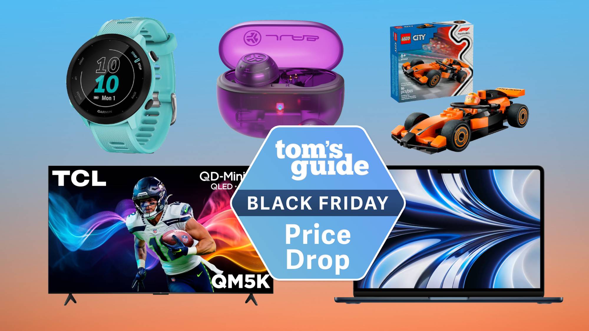 Compilation showing Garmin watch, Jlab earbuds, Lego set, TCL TV, Apple MacBook.