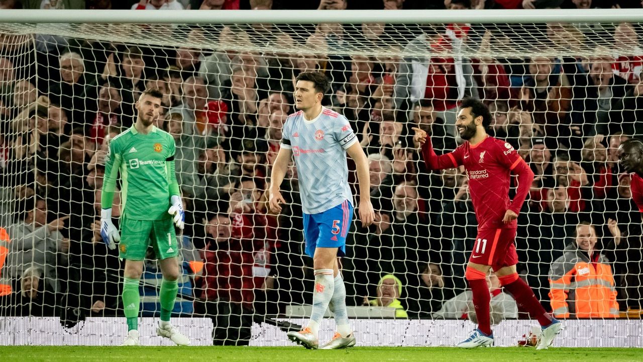 Mohamed Salah celebrates scoring Liverpool’s fourth goal against Man Utd 