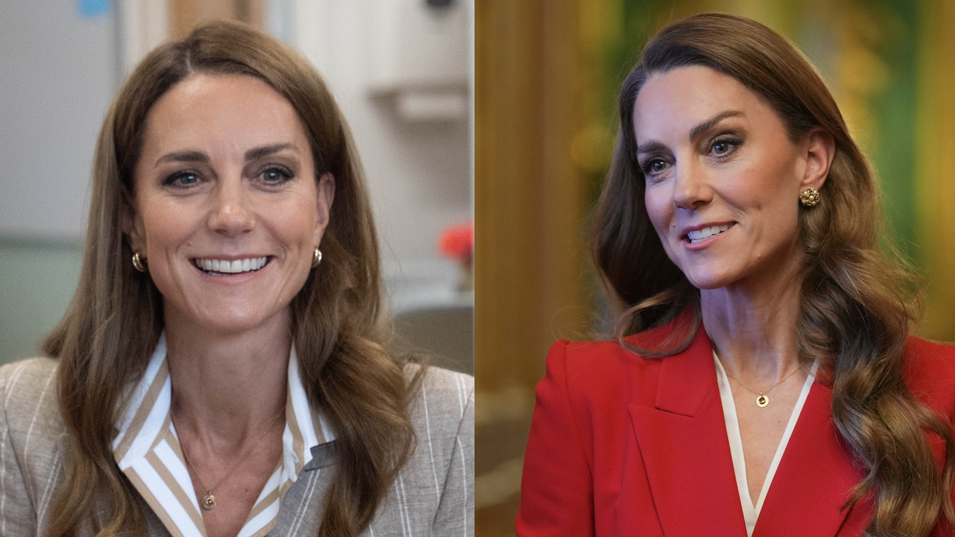 Princess Kate wearing a brown striped shirt and blazer; Princess Kate wearing a red blazer and smiling 