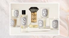 A selection of Diptyque perfume bottles and candles on a beige surface in a frame with a cream, grey and white marbled background