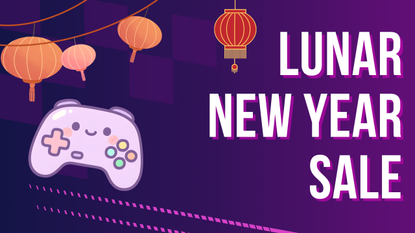 A graphic with text showing 'Lunar New Year Sale' in white text on a purple background with Lunar New Year lanterns and a cartoon light purple controller