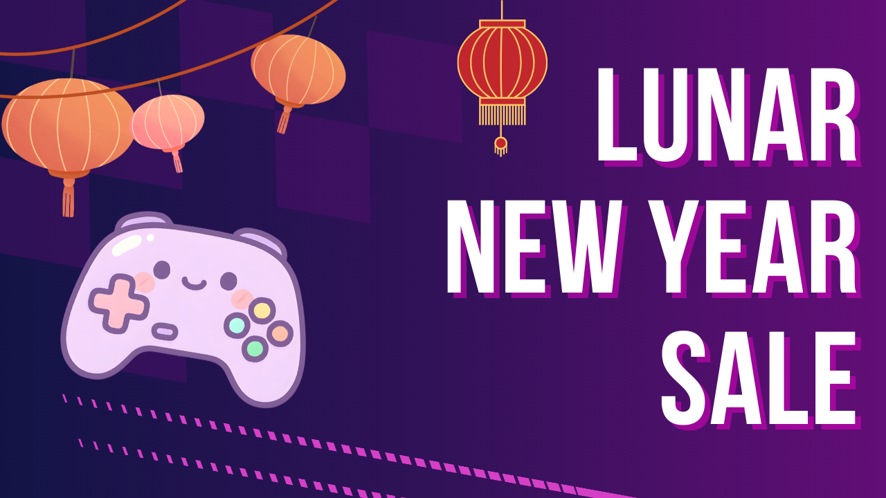 A graphic with text showing 'Lunar New Year Sale' in white text on a purple background with Lunar New Year lanterns and a cartoon light purple controller