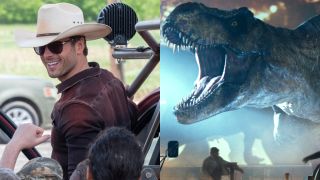 Glen Powell smiling in front of a crowd in Twisters and Roberta the T-Rex roaring at the drive-in in Jurassic World Dominion, pictured side by side.