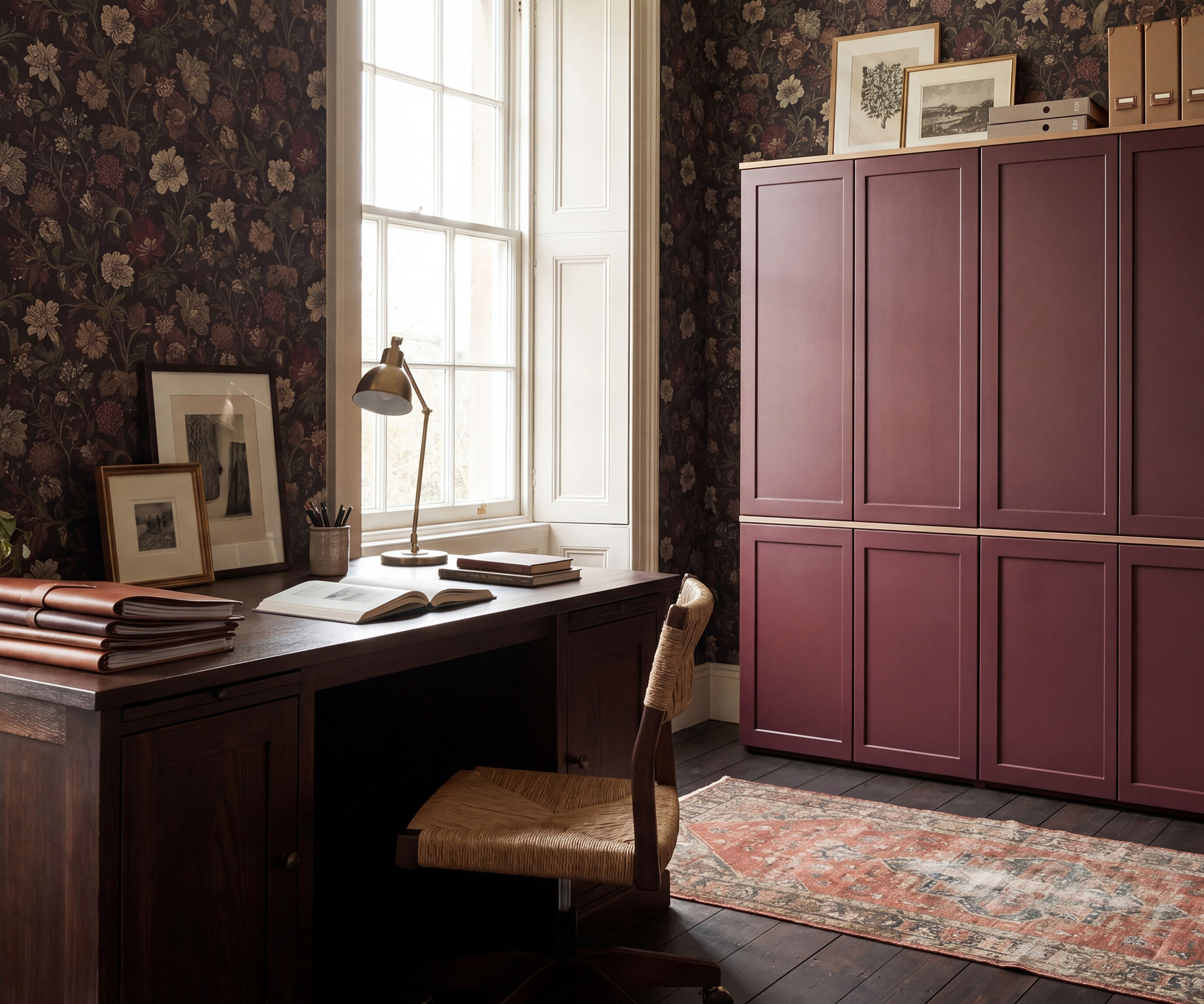 large home office with floral wallpaper and burgundy full height cupboards