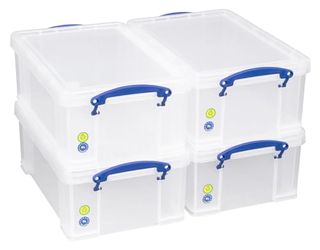 Really Useful Box 9 Litre Plastic Storage Box Clear, Multi-Purpose Stacking Storage, With a Lid and Clip Lock Handles, Ideal for Home, Office, School and Arts and Crafts Storage (pack of 4)