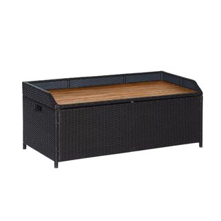 Black outdoor storage bench with wooden seat